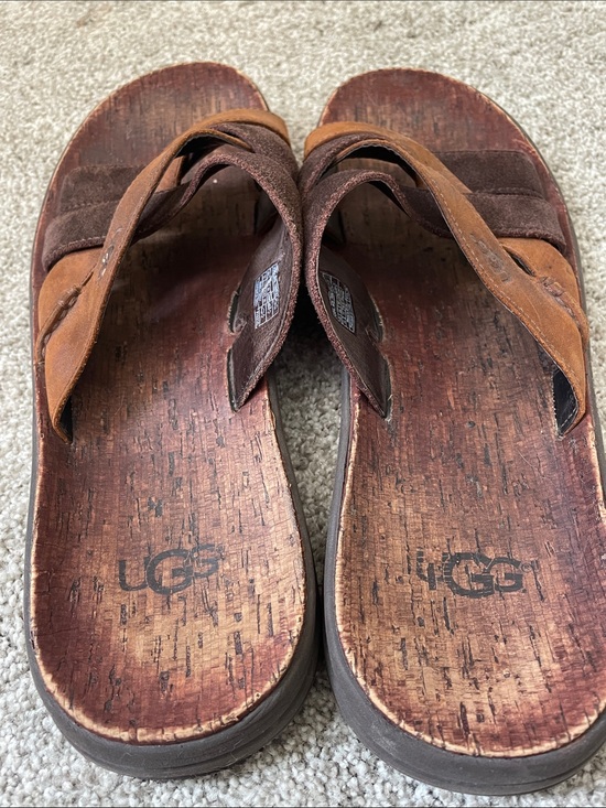 UGG Men\'s Brown & Dark Brown Leather Suede Cross-Strap Slides Sz 12 main image 5